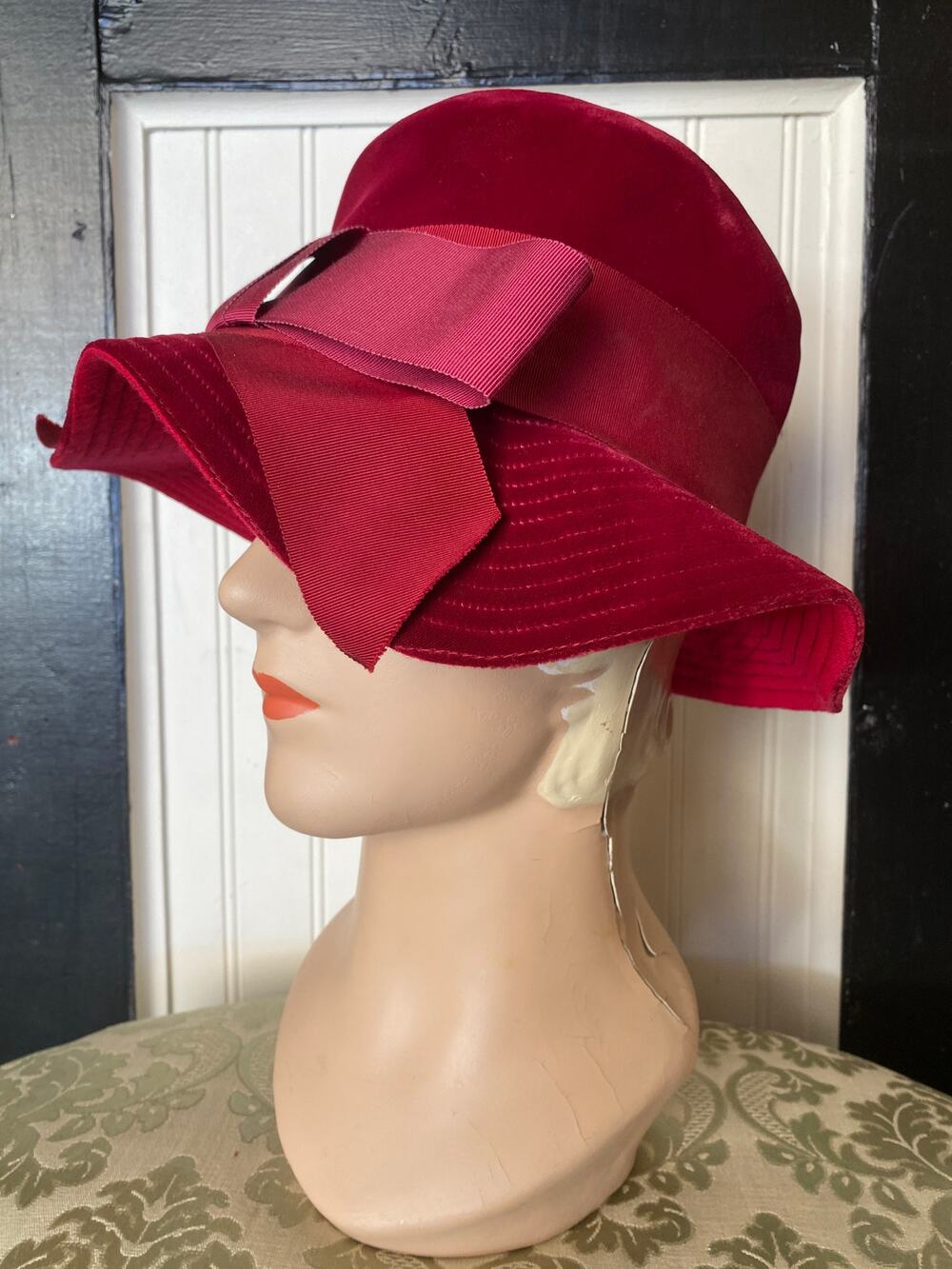 vintage 1960s maroon velvet wide brim hat, mod 60s fashion floppy bow millinery